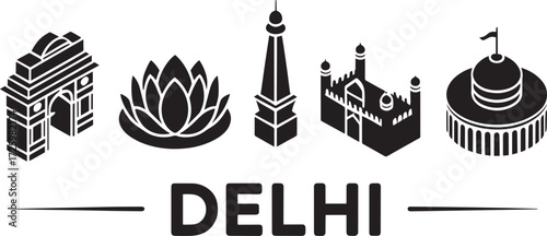 Delhi India city skyline solid glyph architecture famous building vector illustration