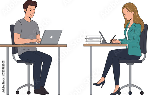 Modern workspace, office teamwork, productive environment, focused professionals, laptop usage, writing notes, business attire, collaboration, study session, creative desk setup