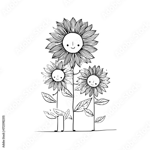 Three sunflowers with faces stand tall in a simple black and white line drawing illustration style art
