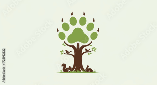 World animal day  october 4 paw print tree logo design for animal rescue and wildlife conservation with squirrel rabbit and birds art vector