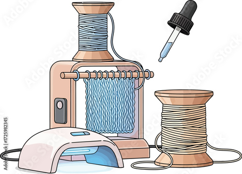 Crafting Precision: A detailed illustration of a precise knitting machine, a dropper, and a yarn spindle set against a seamless background.
