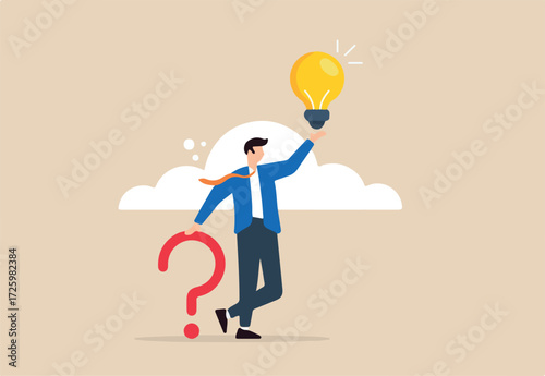 Flat illustration of smart businessman holds question mark sign alongside lightbulb representing creative problem-solving ideas