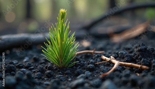 Green pine seedling emerges from blackened earth in charred forest. Nature resilience, hope, recovery after wildfire. Life, growth reborn from ash, ecological regeneration, strength.