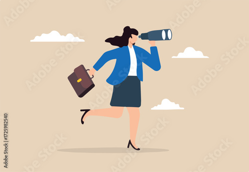 Flat illustration of businesswoman using binocular to search for new opportunities symbolizing vision for career growth