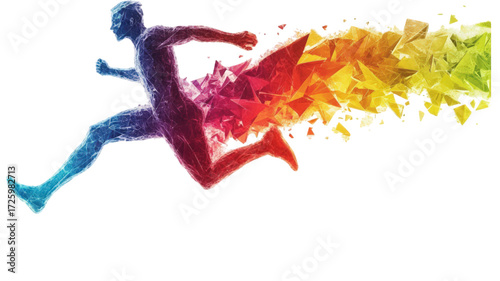 Dynamic human figure exploding into vibrant rainbow shards.