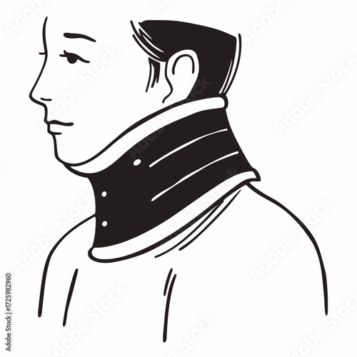 Person wearing a neck brace and looking sideways in black outline  