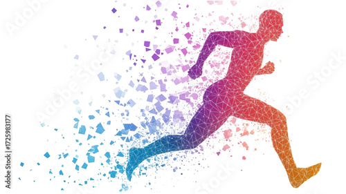 Colorful abstract silhouette of a running man disintegrating into particles.