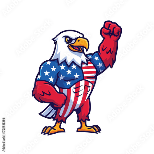American Bald Eagle Mascot Flexing Arm with US Flag Design