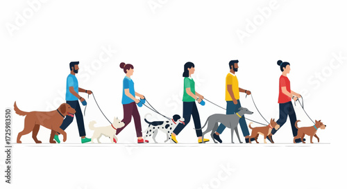 World animal day  october 4 dog walking service illustration of diverse people walking dogs on leashes pet care and companionship scene vector