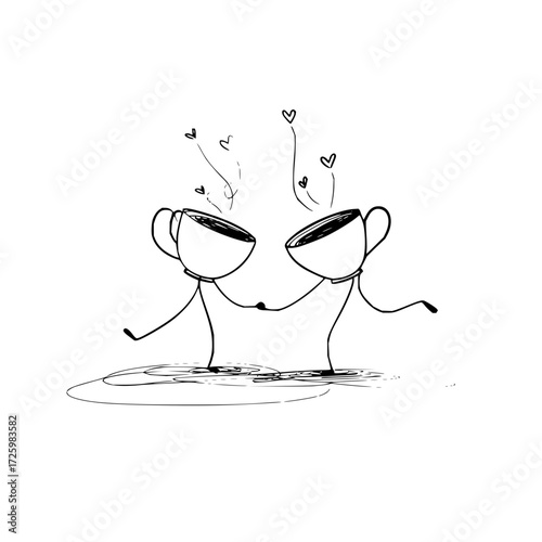 Illustration of two coffee cups with stick figure bodies holding hands and hearts above them in black and white