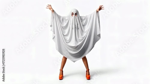 Woman Wearing Bedsheet Ghost Costume Raises and Lowers her Arms in Spooky Gesture on White Isolated Background 