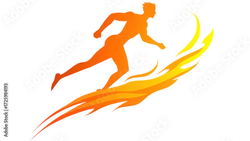 Stylized orange silhouette of a person running with a fiery trail.