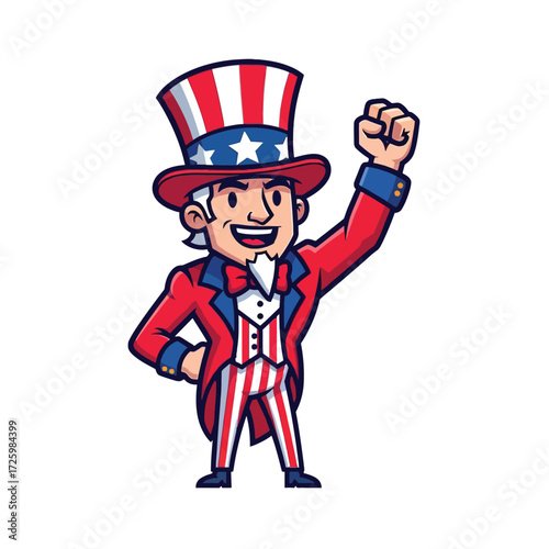 Smiling Uncle Sam Cartoon Character in Patriotic Hat and Outfit Raising Fist