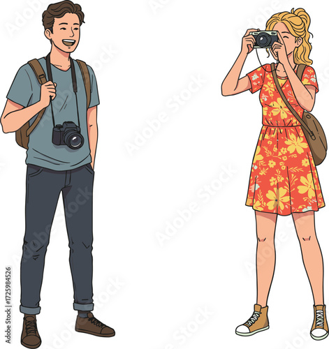 Travel couple, photography adventure, tourist lifestyle, outdoor exploration, camera gear, casual fashion, backpackers, urban journey, candid moment, scenic travel scene