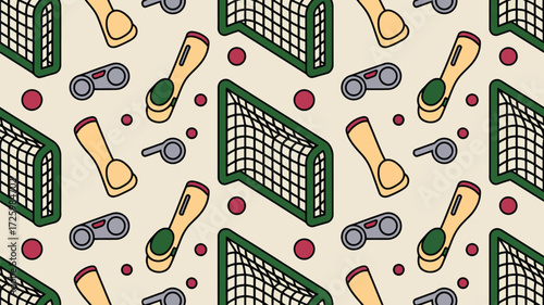 A seamless pattern featuring handball goals, whistles, balls, and handballs on a light beige background