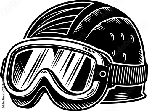 Ski goggles on helmet in black and white style