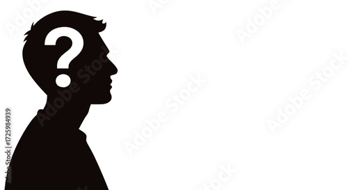 Black silhouette of a man in profile with question mark above head  