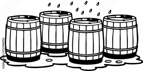 Collection of rain barrels for garden irrigation on wet ground  