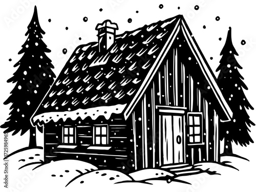 Wooden cabin covered in snow surrounded by evergreen trees  