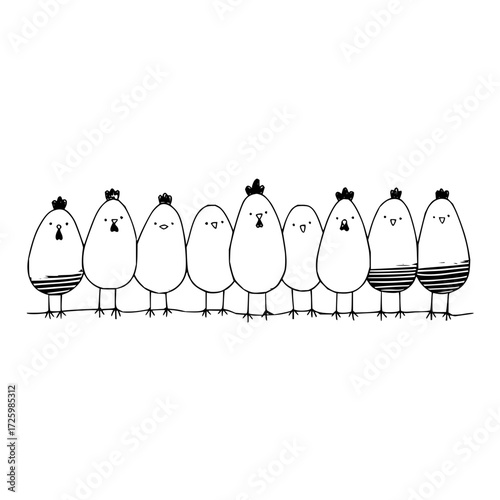 Line of whimsical egg shaped birds with crests and simple facial features perched on a thin branch line