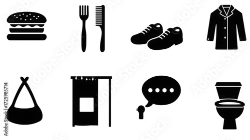 Set of black silhouette icons representing daily life objects and activities.