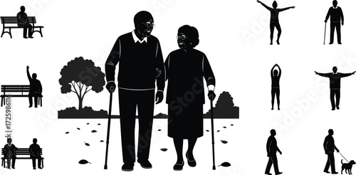 Elderly couple walking with canes, senior people silhouettes, active aging, retirement lifestyle, outdoor exercise, grandparents, family care illustration