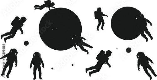 Astronaut silhouettes floating in space, cosmic exploration, planets and astronauts vector design, outer space travel, futuristic science illustration