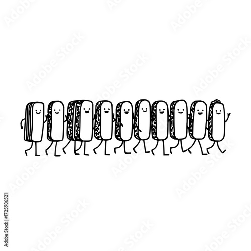 A whimsical parade of anthropomorphic sandwich snacks marching happily in a single file line together
