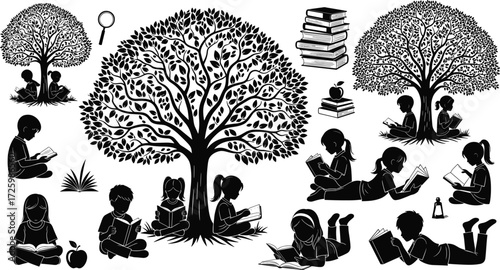 Children reading books, education silhouettes, kids studying under tree, learning illustration set, knowledge growth, students reading vector design