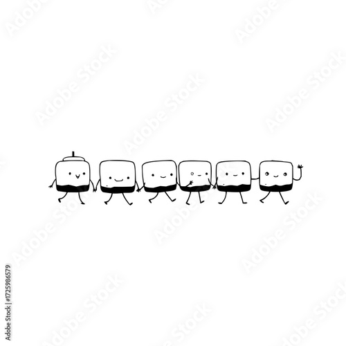 A whimsical parade of six square characters holding hands and walking in a cheerful monochrome line art