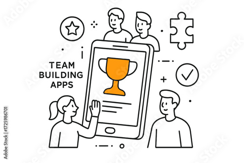Engaging team building activity showcasing collaboration through mobile applications on a bright background
