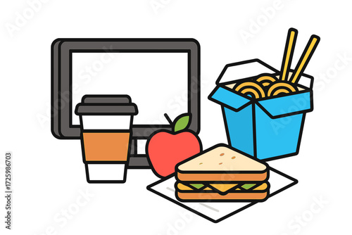 Lunch break with coffee, sandwich, apple, and noodles on a desk with a computer in a cozy setting