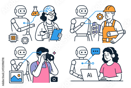 Robotics in diverse careers showcases collaboration in science, construction, photography, and technology