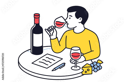 Enjoying red wine with cheese and grapes in a cozy setting while tasting notes are taken