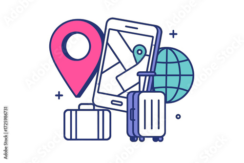 Travel planning tools with luggage, a smartphone showing a map, and a globe for exploring new destinations