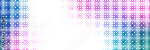 Bitmap gradation background with a pixel pattern gradient. 8-bit retro style glitch effect. Pink and blue texture with halftone grain.