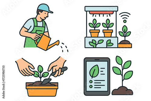 Gardening at home with technology: watering, nurturing plants, and tracking growth process