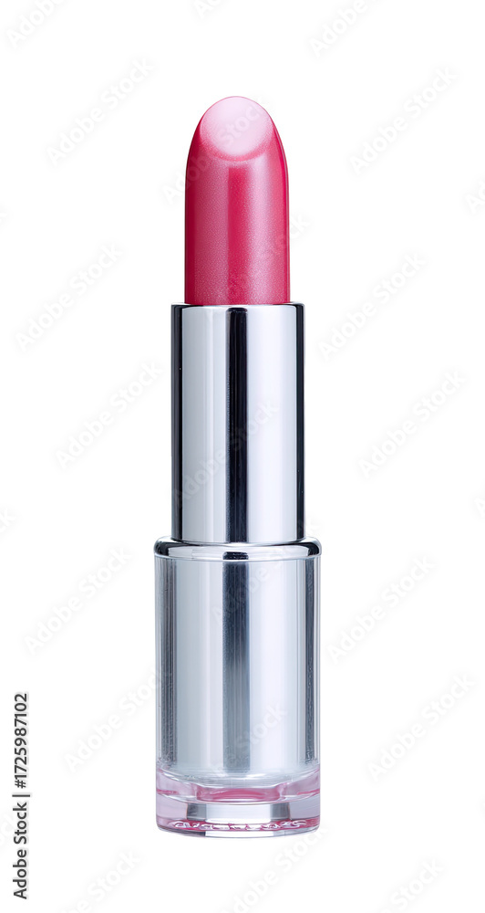 Obraz premium Close-up of a lipstick, pinkish-red hue, in a metallic silver tube
