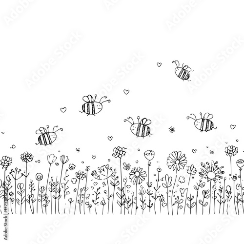 Doodle style illustration of bees flying over a field of flowers with scattered hearts and dots design