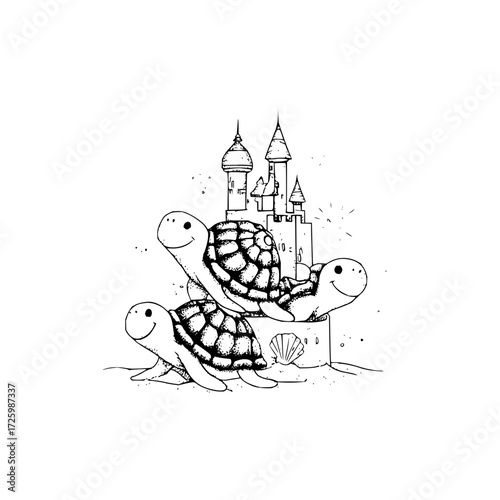 Three cartoon turtles stacked near a sandcastle with a shell in a black and white line drawing style