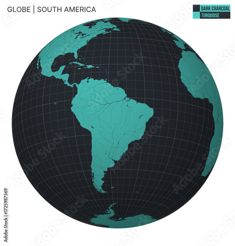 Vector Globe centered to South America. Dark Charcoal Turquoise palette. World map with meridians, parallels, countries, rivers and lakes. Classy vector illustration.
