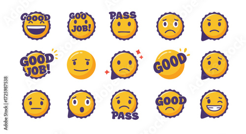 Collection of various emoji stickers with different facial expressions and text bubbles.