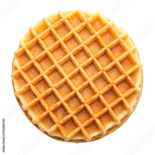 Round golden waffle with grid pattern isolated on black background round waffle golden brown