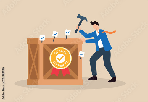Flat illustration of quality control manager hammering checklist nails into product board to secure quality guarantee badge