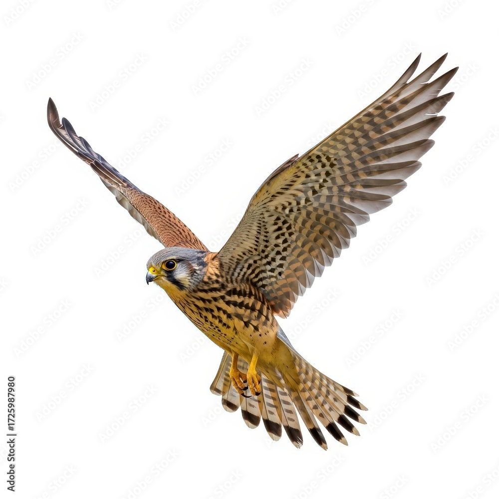 Fototapeta premium Majestic kestrel falcon soaring gracefully mid-flight against a pure white canvas