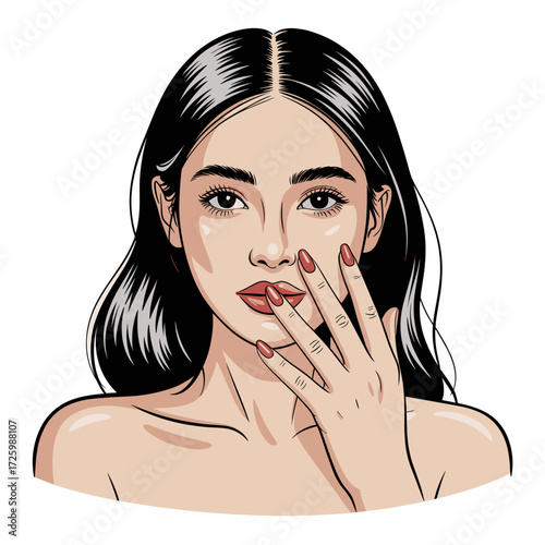 Woman with glossy red nails, confident expression, hand-drawn illustration, beauty concept, fashion portrait