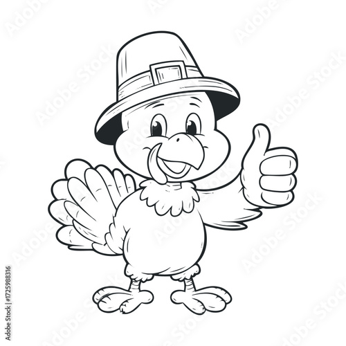 Thanksgiving celebration with cheerful turkey giving thumbs up. Vector black icon