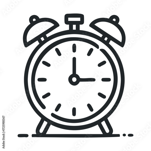 Alarm clock icon for time management and daily routines. Vector black icon