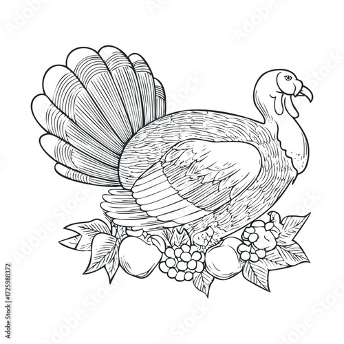 Turkey resting on autumn foliage with fruits for harvest festival. Vector black icon
