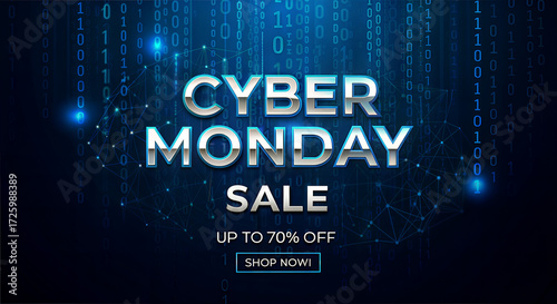 Cyber Monday sale announcement with blue binary code background  